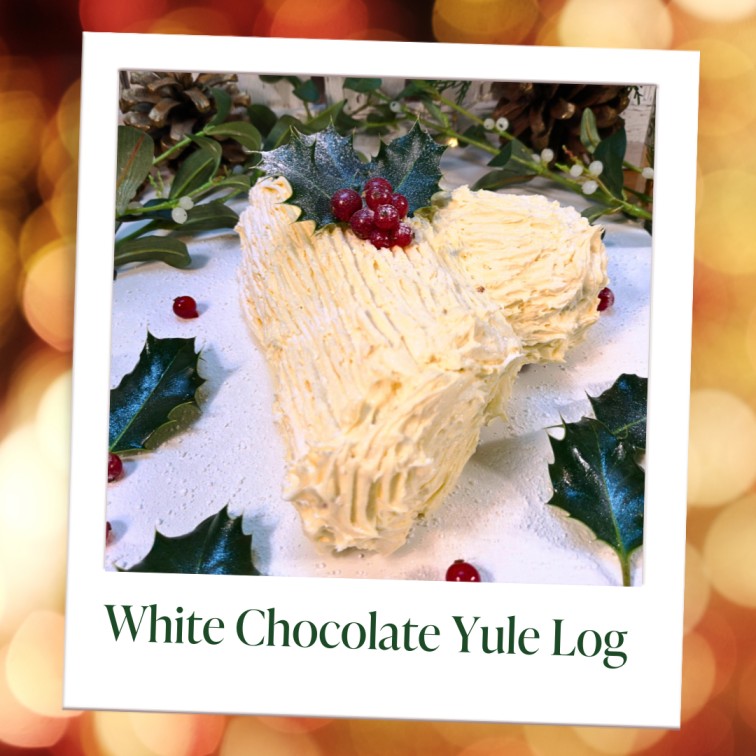 white chocolate yule log image in polaroid style