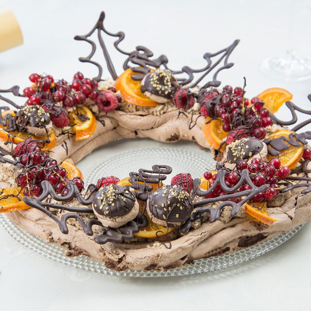 chocolate meringue wreath decorated for the festive table