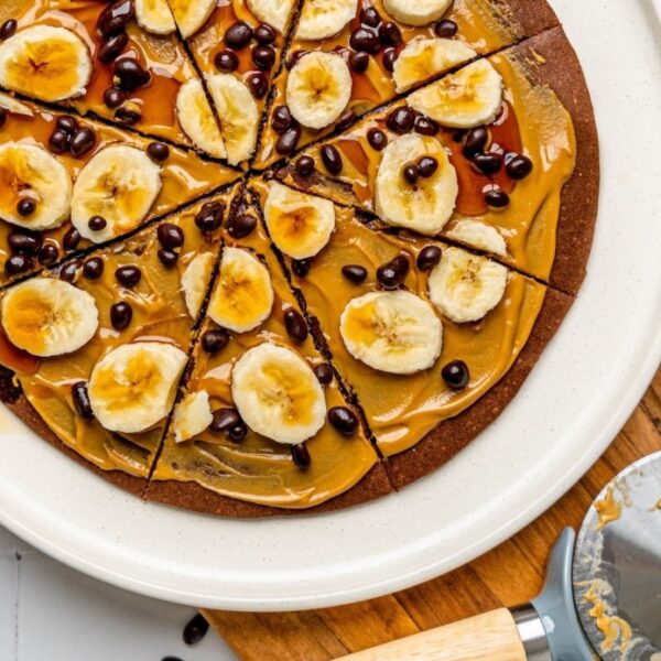 pancake pizza with peanut butter and cacao nibs