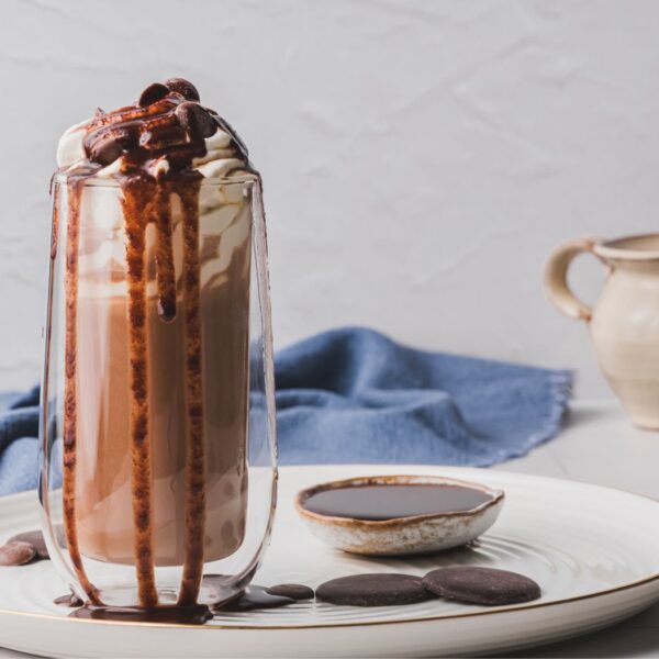 iced chocolate with drizzling cacao melts