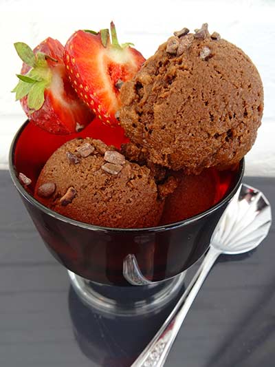 dark chocolate sorbet served in a glass bowl