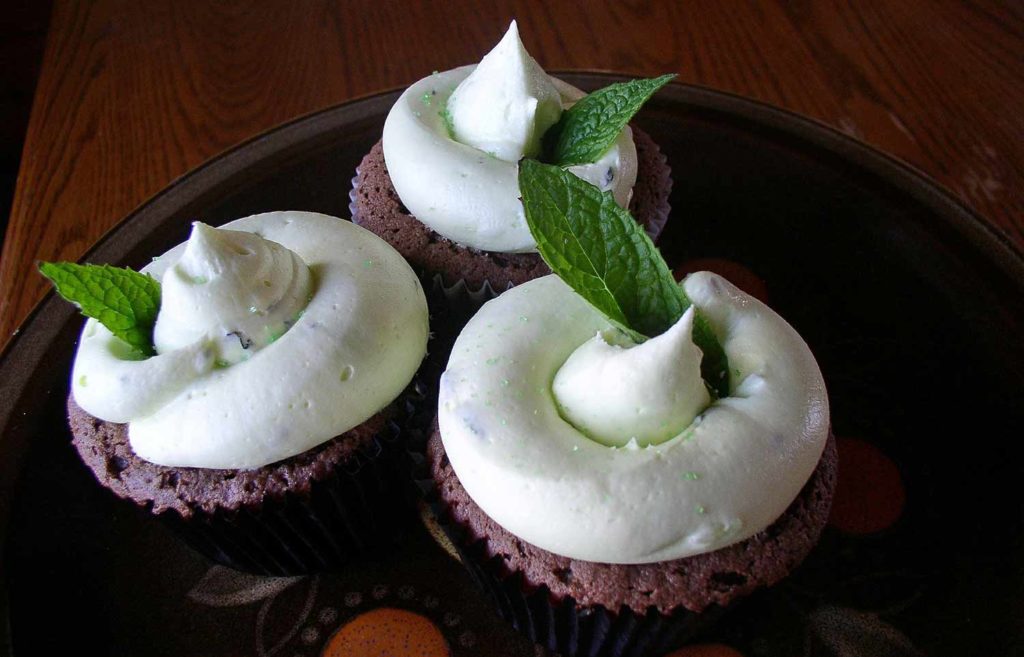 mint chocolate cupcakes topped with mint buttercream