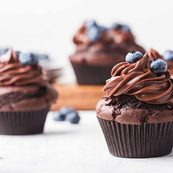 Chocolate Cupcakes and Whipped Chocolate Ganache using Food Thoughts 100% Cacao Powder and Cacao Chocolate Melts topped with blueberries