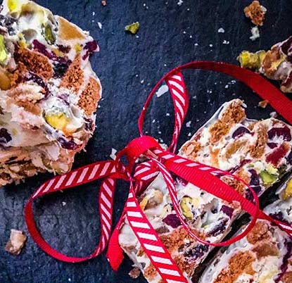white chocolate rocky roads wrapped with festive ribbon
