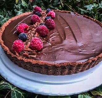chocolate berry tart with fresh raspberries