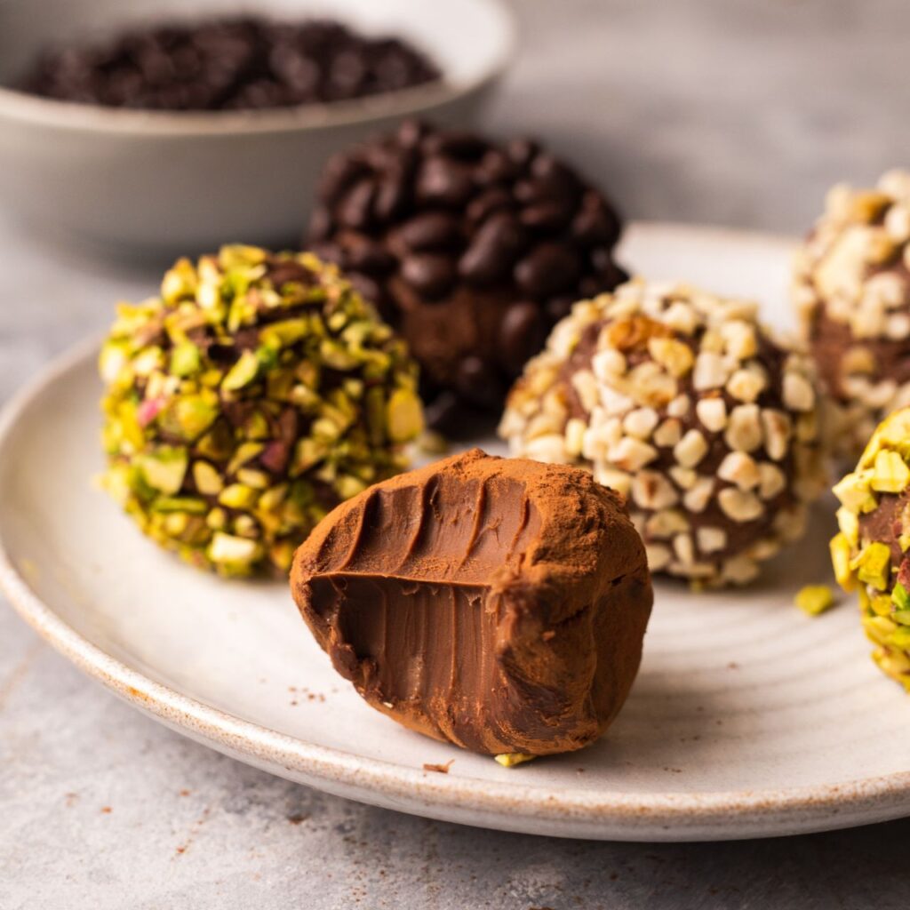 Vegan homemade chocolate truffles on a plate