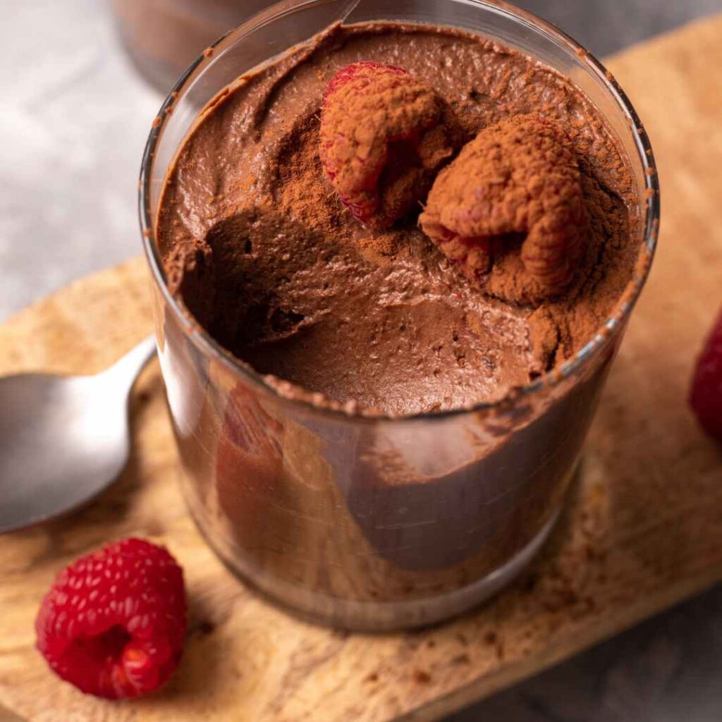 Vegan chocolate mousse in a glass ready to eat