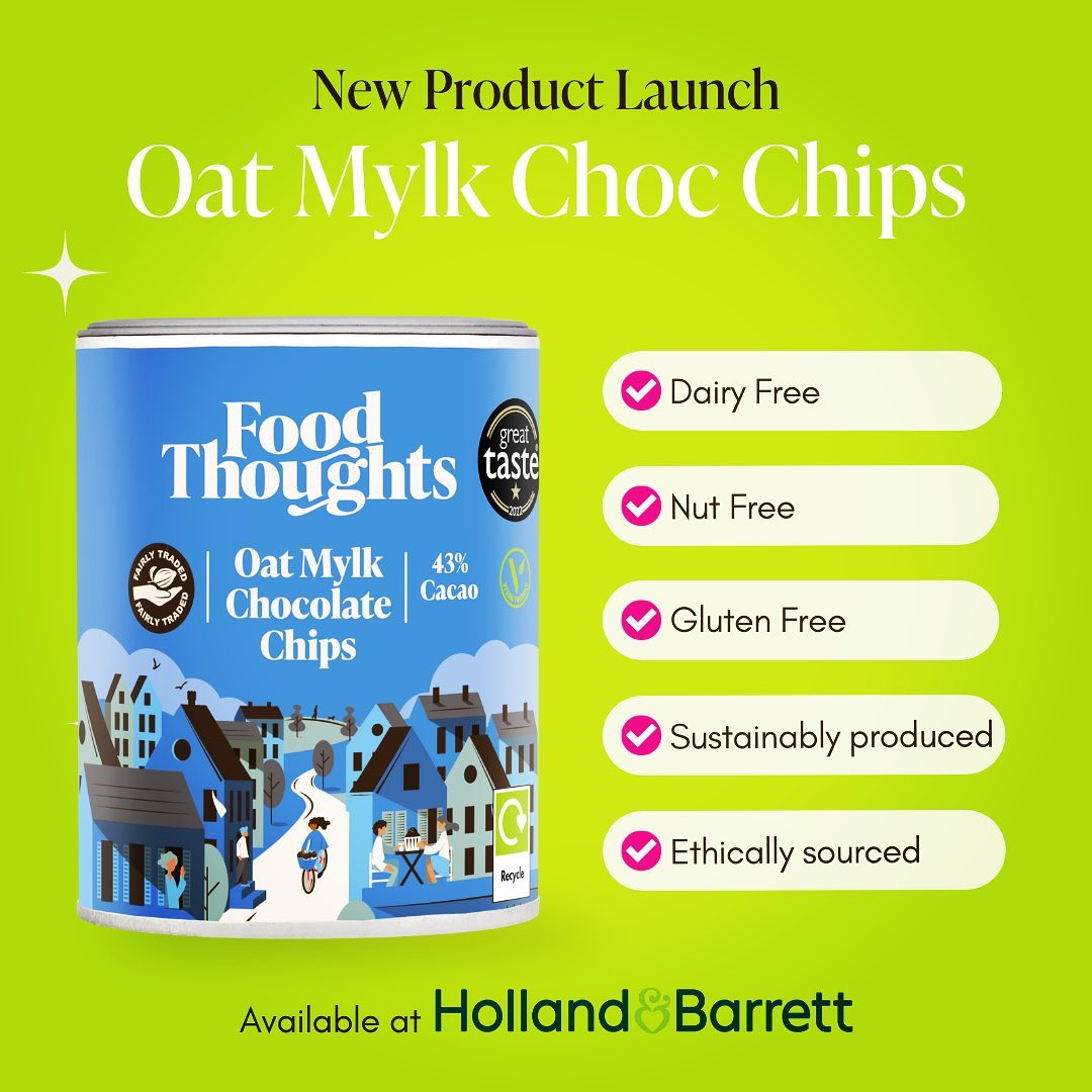 Our sustainably grown, ethically sourced, packed in the UK dairy-free chocolate chips have arrived at @hollandandbarrett ! 🛬

 Winners of a Great Taste Award 2022, our Oat Mylk Chocolate Chips are the result of our passion for quality, sustainability, and incredible flavour. With minimal processing and no nasties, indulging in sustainable, single-origin, vegan milk chocolate is now just a stroll away. Whether you're whipping up a cozy mug of hot cocoa or adding a touch of magic to your baking adventures, our dairy-free Oat Mylk Chocolate Chips are here to bring a chocolatey perfection. 

🏷Take advantage of the introductory offer at H&B and savour the benefits of good quality baking ingredients 

#H&B