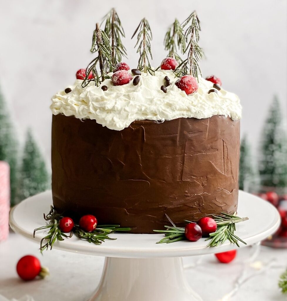 Chocolate fudge cake with Christmas decorations on a stand