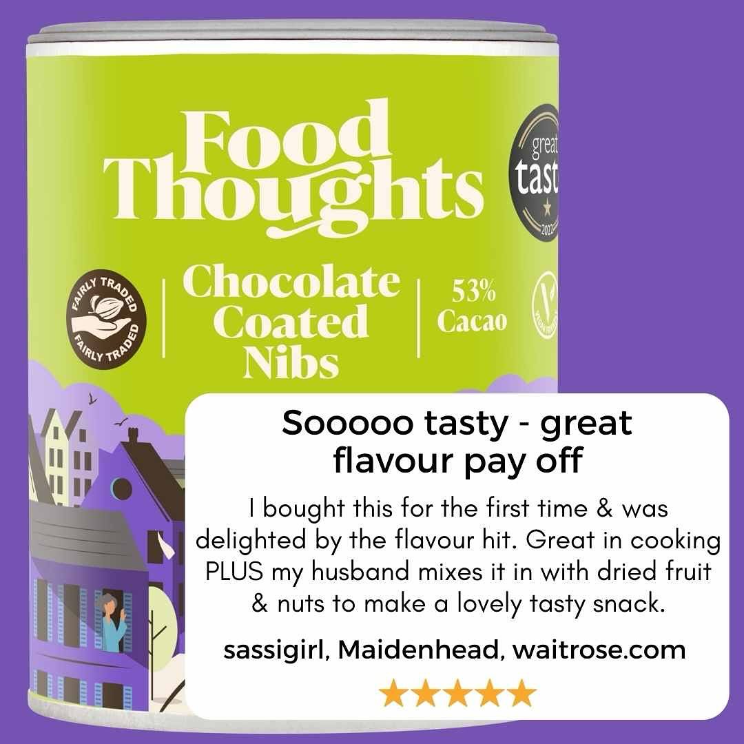 Another thoughtful baker speaks out! Our dark chocolate coated nibs are not just great for baking, but they also make for an irresistible tasty snack! Don’t just take our word for it – our amazing reviews speak for our products! Have you tried them yet? Now’s the perfect time to indulge on these nibs and save 20% at @waitrose ! 🛒