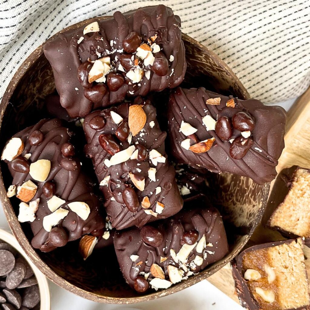 Healthier snickers bars made with Food Thoughts chocolate baking ingredients